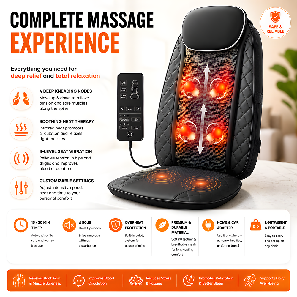 Relivo BackRelief Cushion — Traveling Kneading Heat & Vibration Back Massager