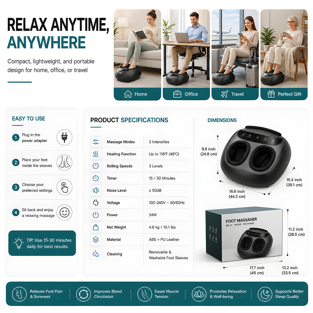 Relivo FootRelief Pro — 6-Technique Shiatsu Heat & Compression Foot Massager